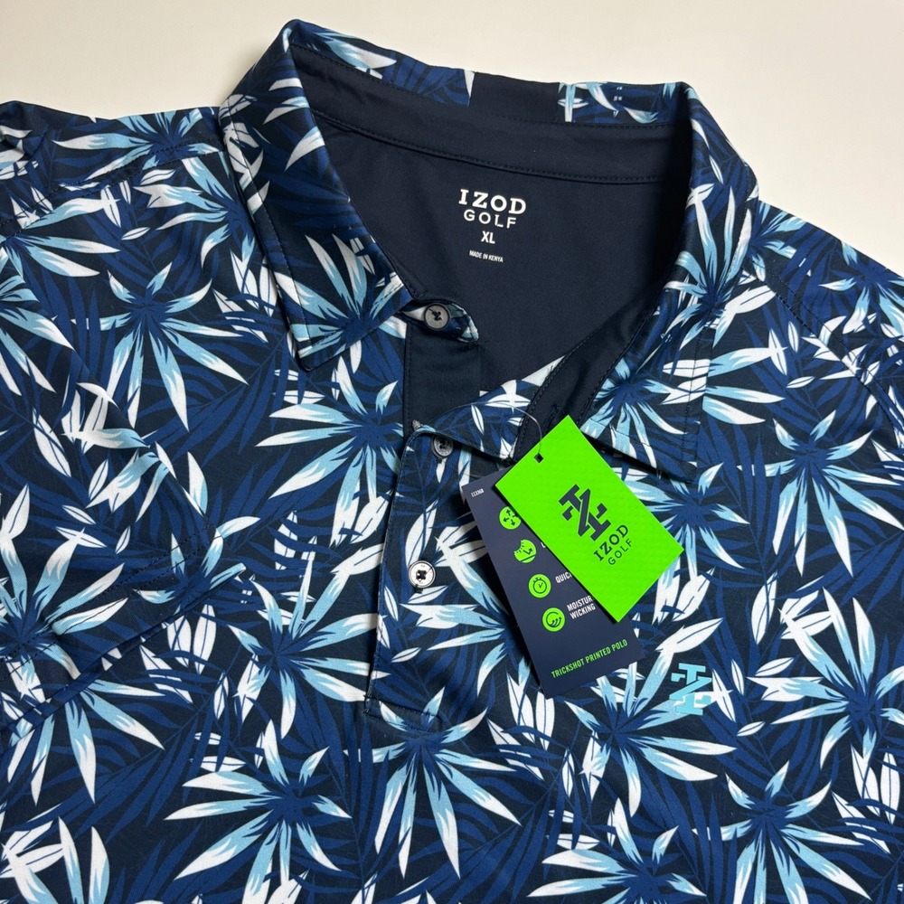 IZOD Palm Leaf Printed Performance Golf Polo Men's Xl Blue New MSRP $65